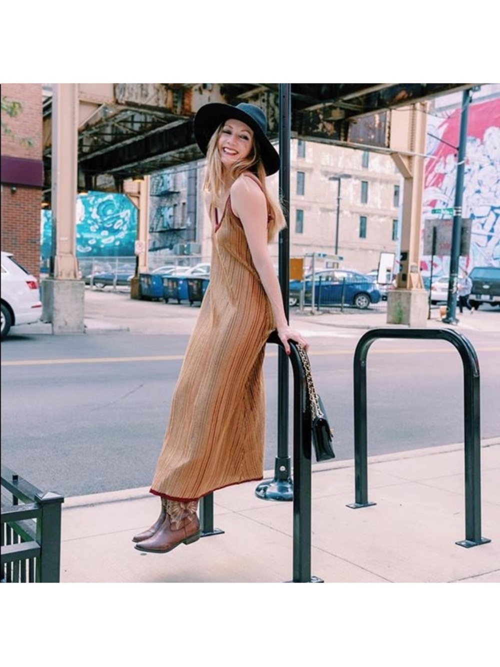 Zara Camel Ribbed Maxi Dress with Burgundy Trim
